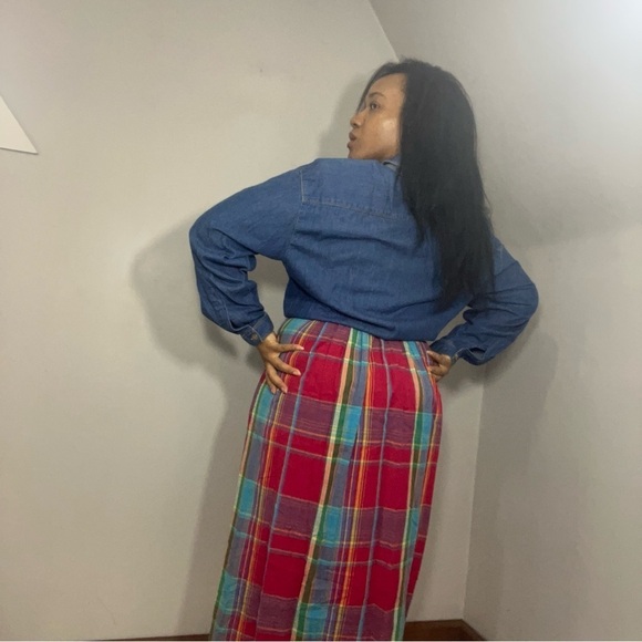 Vintage Red Plaid Denim Long Sleeve Maxi Dress Country Southern Preppy Modest - Picture 9 of 14